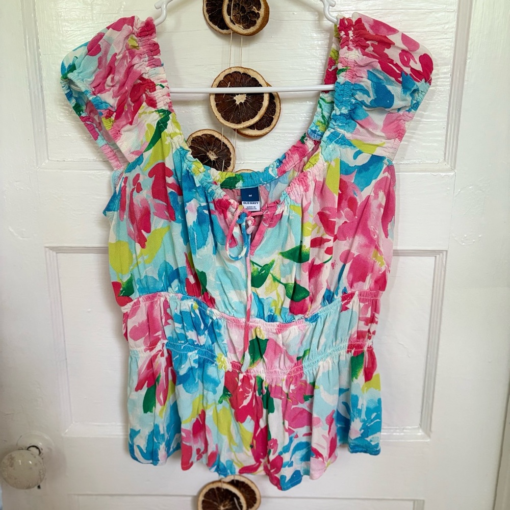 Old Navy Pink and Blue Ruffled Blouse